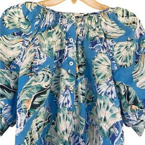 Chico's Blue Tropical Leaf Button-Front Blouse